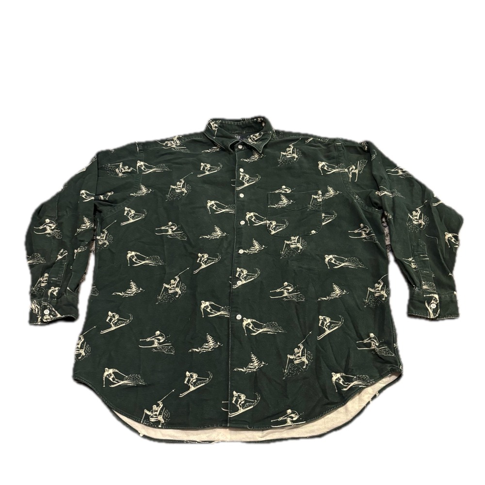 Polo Ralph Lauren Marlowe Mens XL Skier Print Shirt Dark Green Cotton Button Up